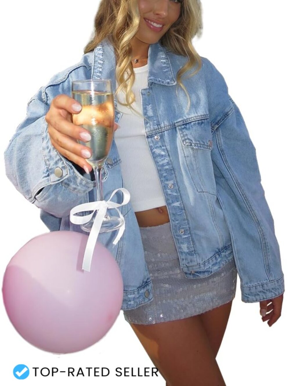 Women Oversized Distressed Light Wash Denim Jacket, Four Pockets, Button Front